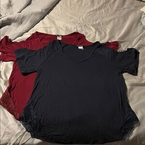 VENUS Short Sleeve Tops with Lace Trim - Burgundy and Navy